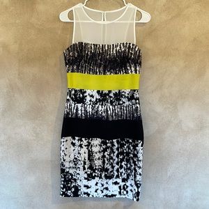 BCBG dress; black, white, with yellow stripe below bust.  Never worn.